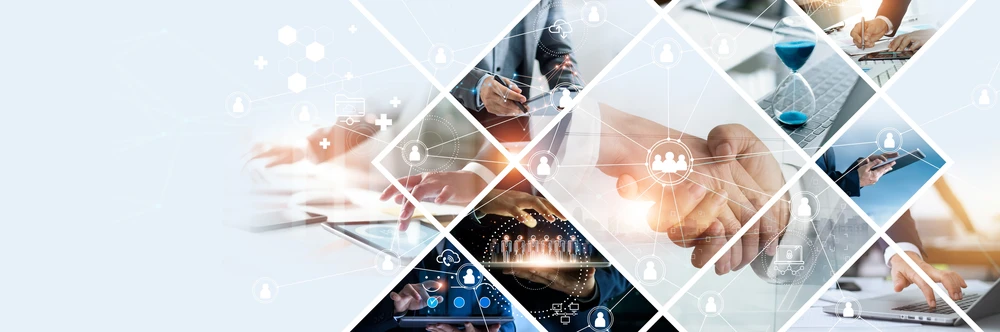 Environnement professionnel moderne avec plusieurs personnes travaillant sur dispositifs numériques