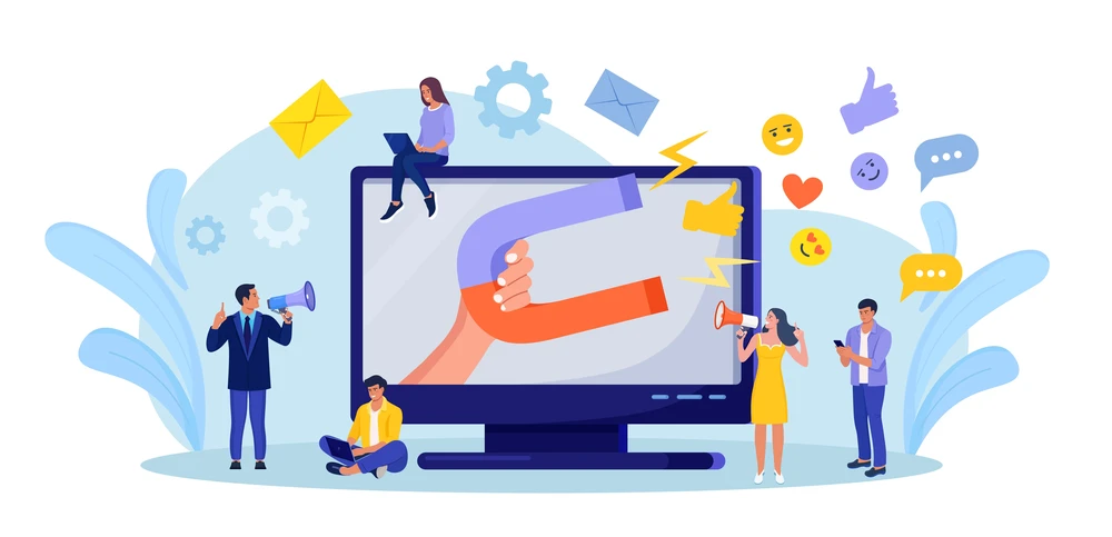 Scène d'entreprise avec équipe marketing autour d'un écran d'ordinateur géant