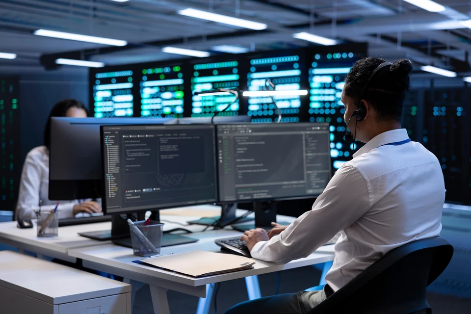 Équipe de jeunes professionnels souriants réunis autour d'un écran d'ordinateur dans un bureau moderne