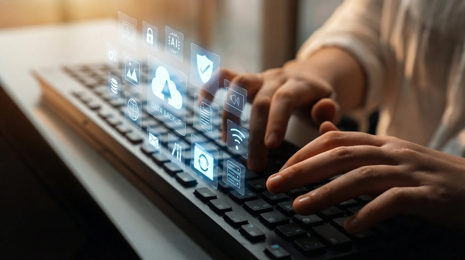 Environnement de bureau moderne avec personne utilisant ordinateur portable