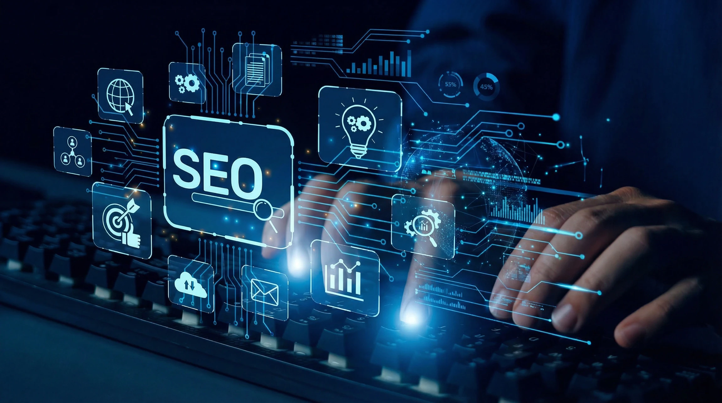 Bureau moderne avec professionnel tenant smartphone, nombreuses icônes d'applications flottantes illustrant services digitaux